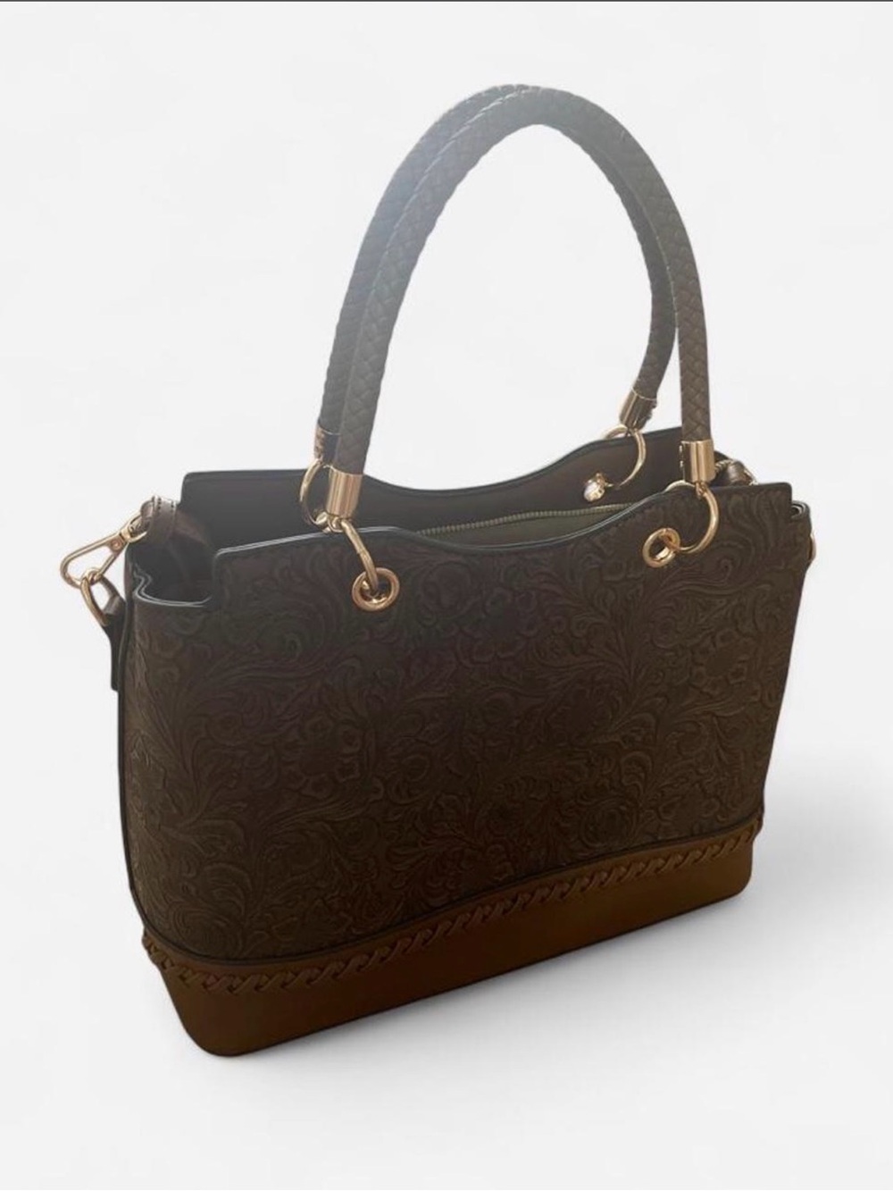 Le Bag Classic Brown Embossed Satchel with Braided Handles
